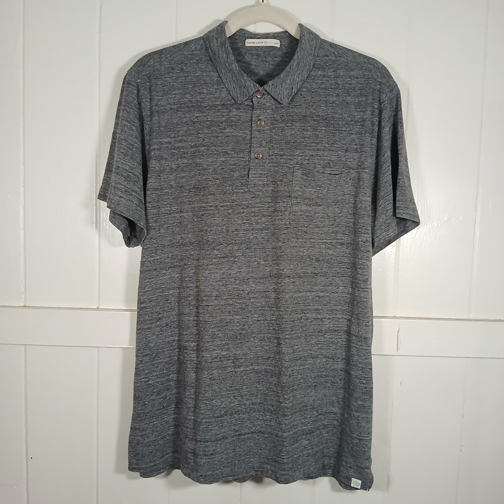 Marine Layer Re-Spun Mens Polo Shirt Heather Grey Cotton Recycled Poly L/XL